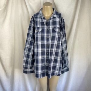 Men’s Faded Glory Blue White Grey Plaid Flannel Shirt Handmade Decal Back Sz L